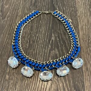 Royal Blue & Gold Chain Necklace with Large Clear Rhinestones